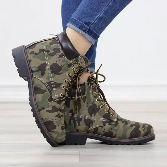 Women's Camouflage Combat Lace-up Ankle Boots Low Heel Casual Short Booties - Picture 7 of 15